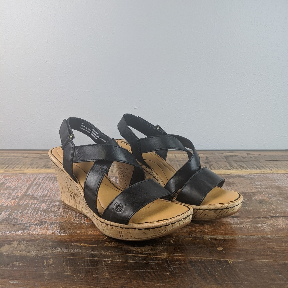 Born Black Leather Wedge Strap Sandal Sizes 7 8 10